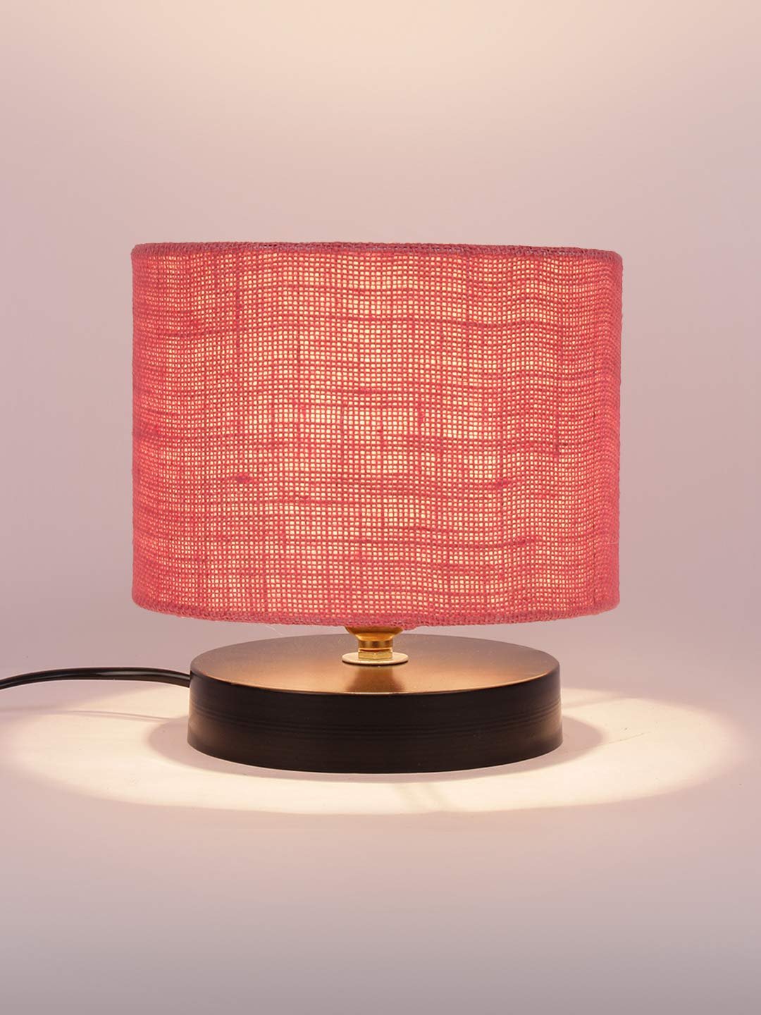 Pink Jute Shade Lamp with Black Wood Base for Decoration/Office/Home/Gifting/Study for Office/Home/Gifting -(7x7x7) Inches -