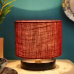 Maroon Jute Shade Lamp with Black Wood Base for Decoration/Office/Home/Gifting/Study for Office/Home/Gifting -(7x7x7) Inches –