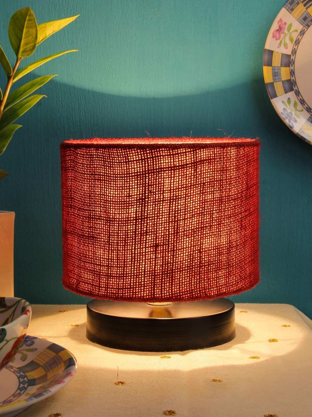 Maroon Jute Shade Lamp with Black Wood Base for Decoration/Office/Home/Gifting/Study for Office/Home/Gifting -(7x7x7) Inches -