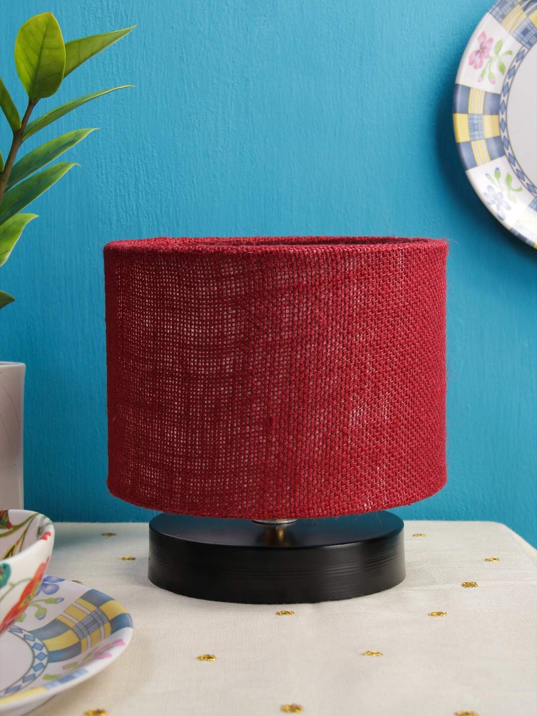 Maroon Jute Shade Lamp with Black Wood Base for Decoration/Office/Home/Gifting/Study for Office/Home/Gifting -(7x7x7) Inches -