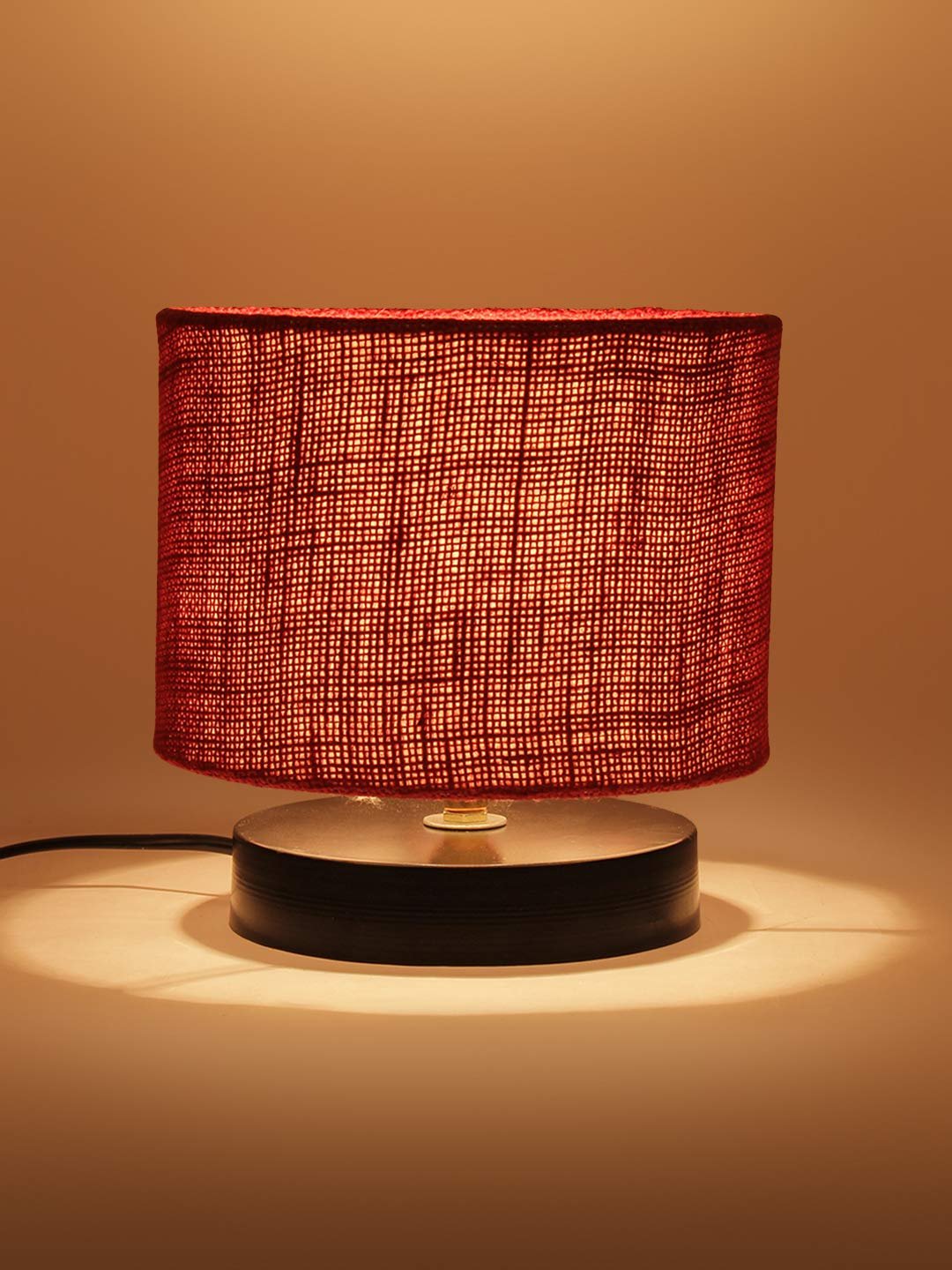 Maroon Jute Shade Lamp with Black Wood Base for Decoration/Office/Home/Gifting/Study for Office/Home/Gifting -(7x7x7) Inches -