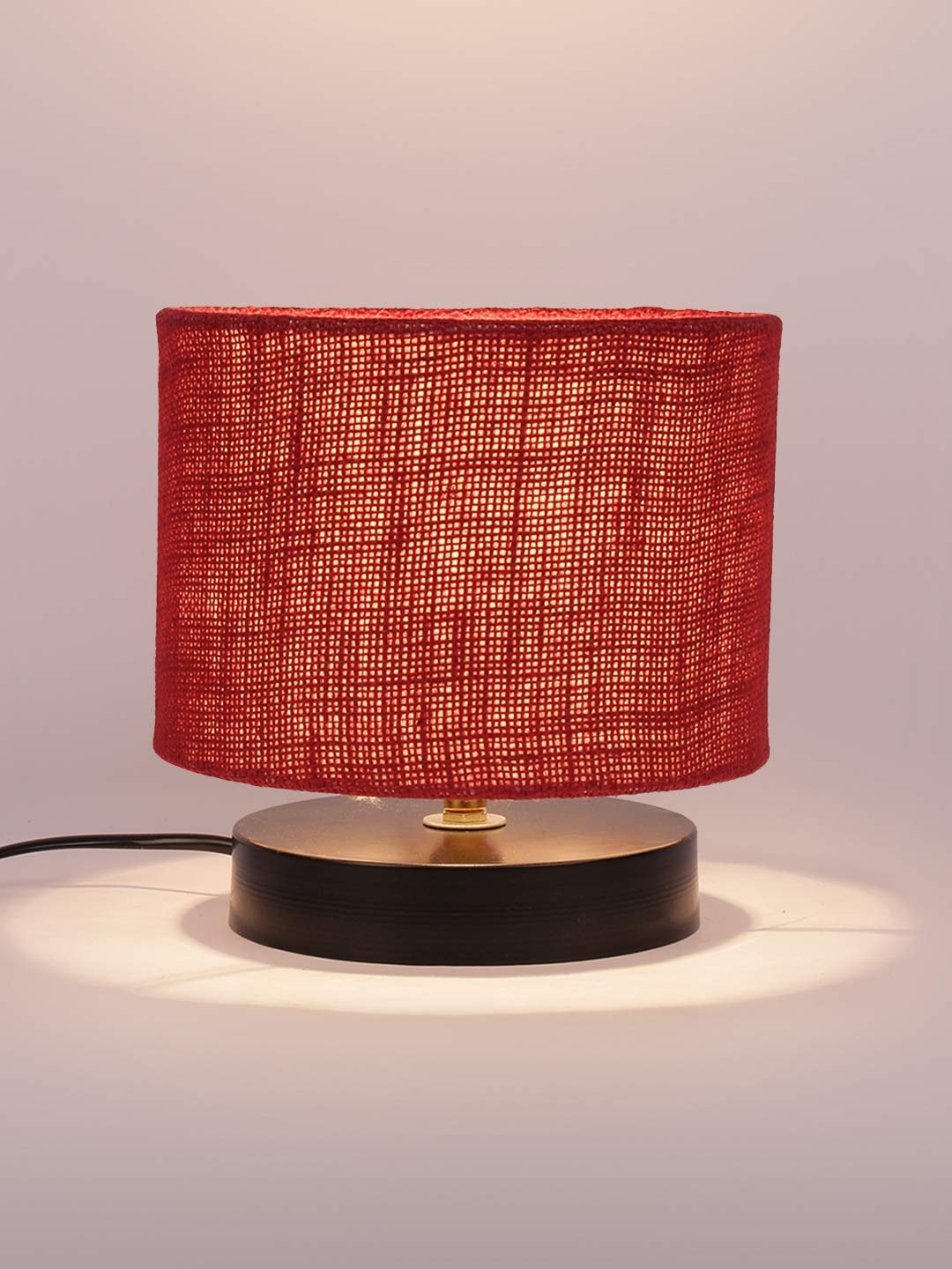 Maroon Jute Shade Lamp with Black Wood Base for Decoration/Office/Home/Gifting/Study for Office/Home/Gifting -(7x7x7) Inches -