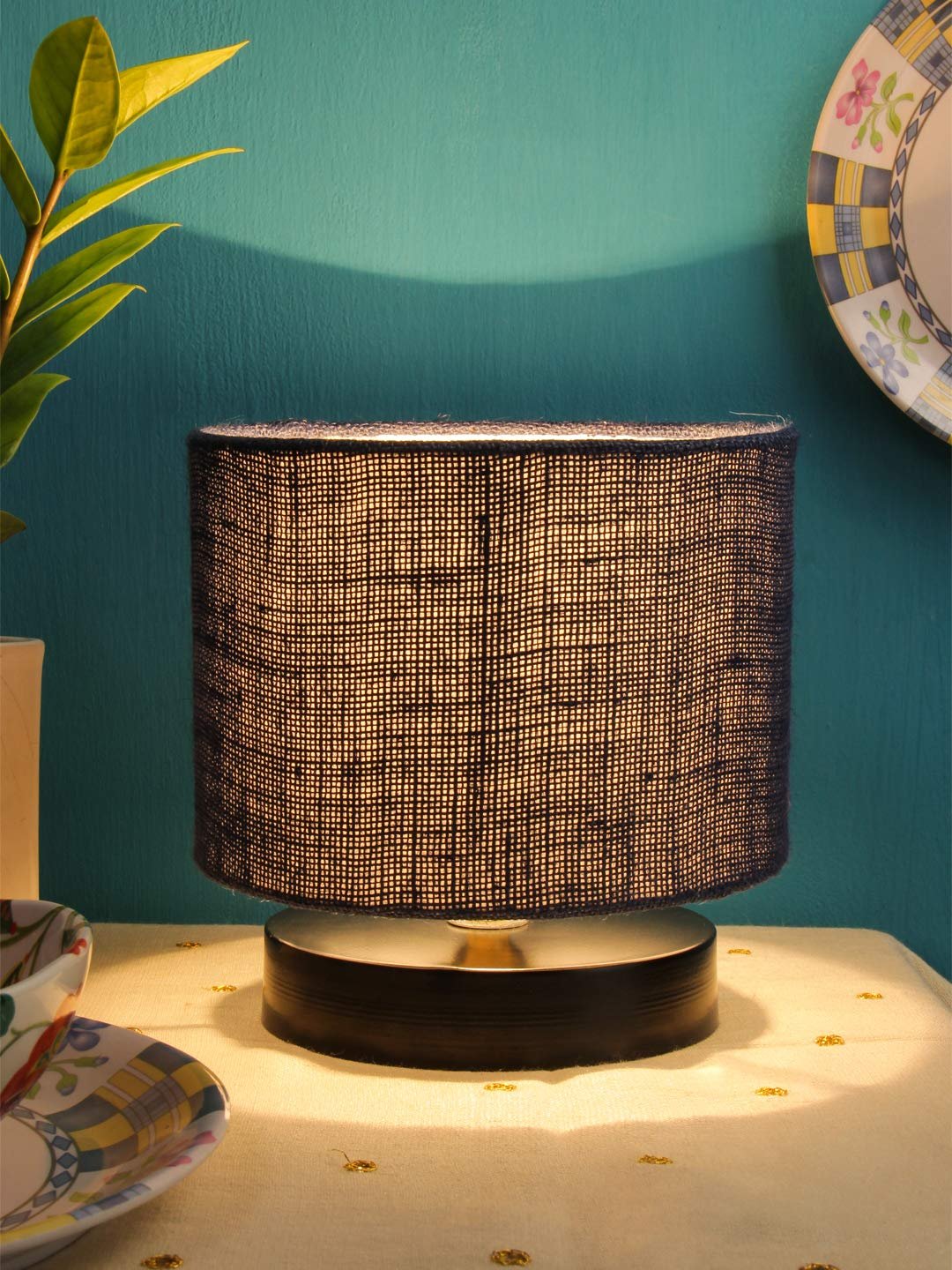 Blue Jute Shade Lamp with Black Wood Base for Decoration/Office/Home/Gifting/Study for Office/Home/Gifting -(7x7x7) Inches -