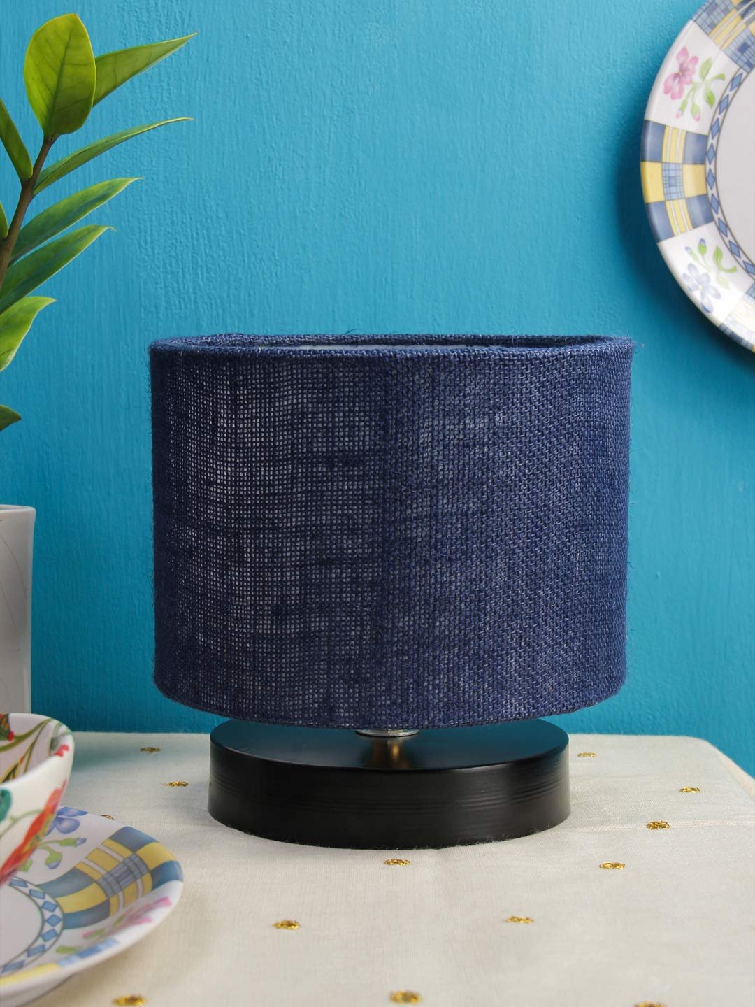 Blue Jute Shade Lamp with Black Wood Base for Decoration/Office/Home/Gifting/Study for Office/Home/Gifting -(7x7x7) Inches -