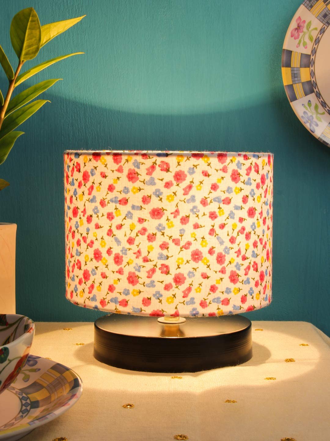 Multicolor Cotton Shade Lamp with Black Wood Base for Decoration/Office/Home/Gifting/Study for Office/Home/Gifting -(7x7x7) Inches -