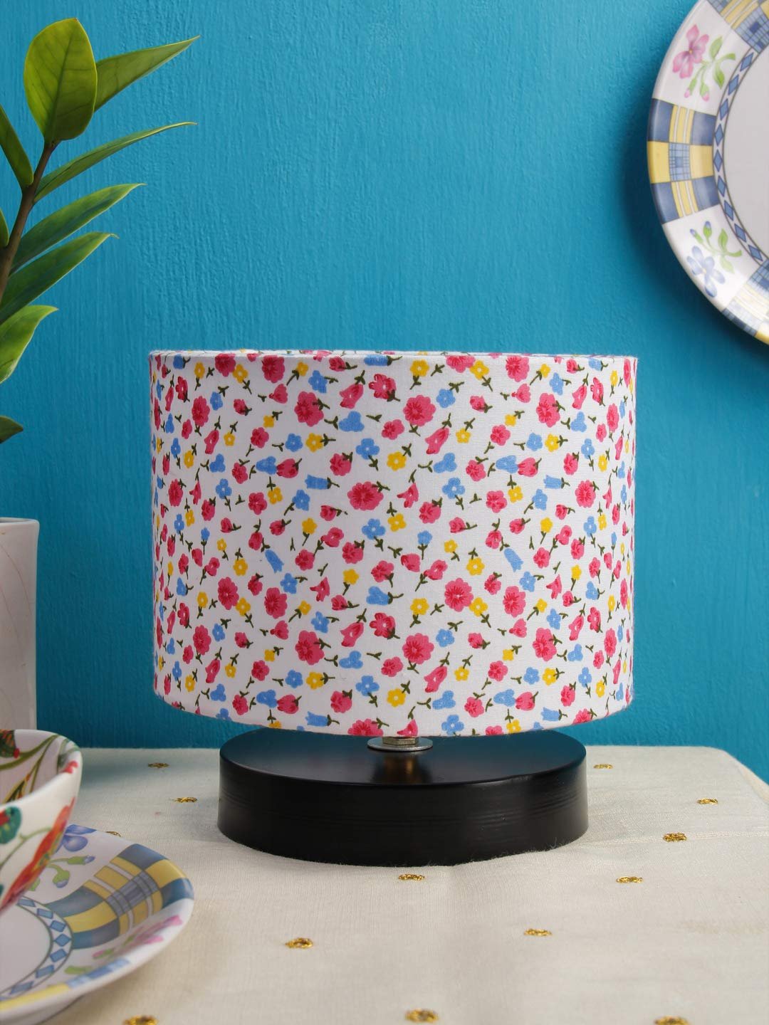 Multicolor Cotton Shade Lamp with Black Wood Base for Decoration/Office/Home/Gifting/Study for Office/Home/Gifting -(7x7x7) Inches -