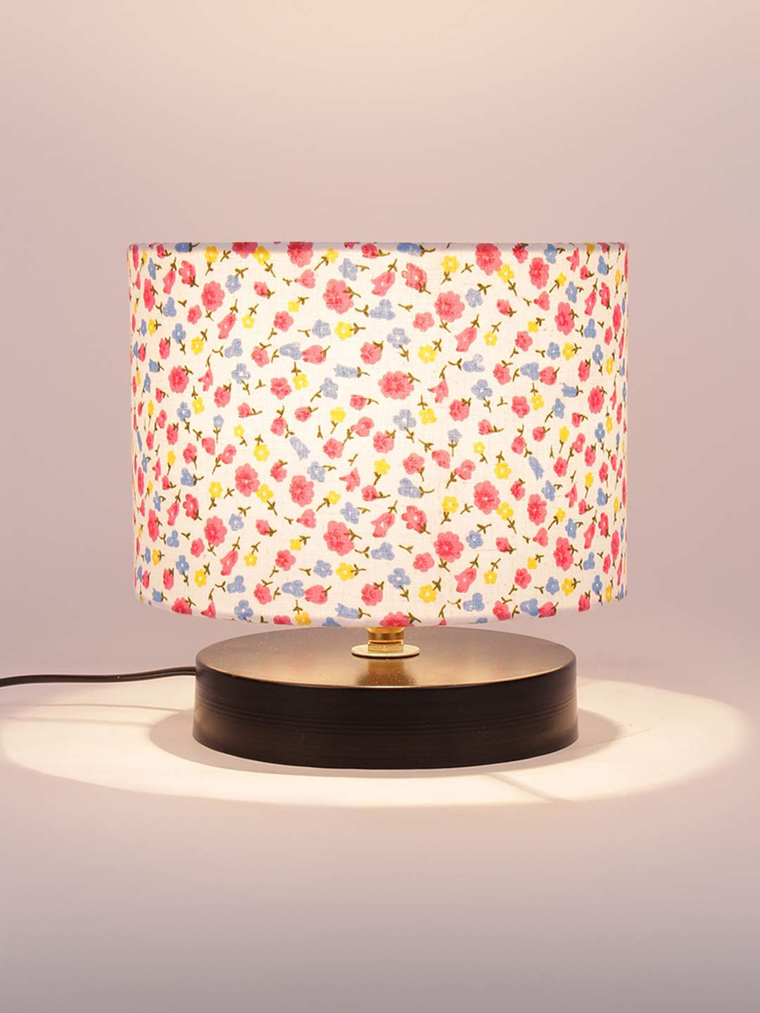 Multicolor Cotton Shade Lamp with Black Wood Base for Decoration/Office/Home/Gifting/Study for Office/Home/Gifting -(7x7x7) Inches -