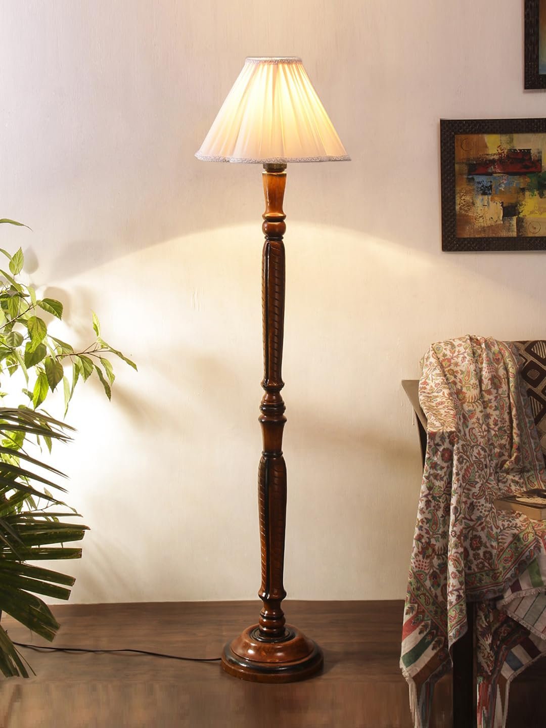 Vintage Cotton Shade Wood Floor Lamp -2