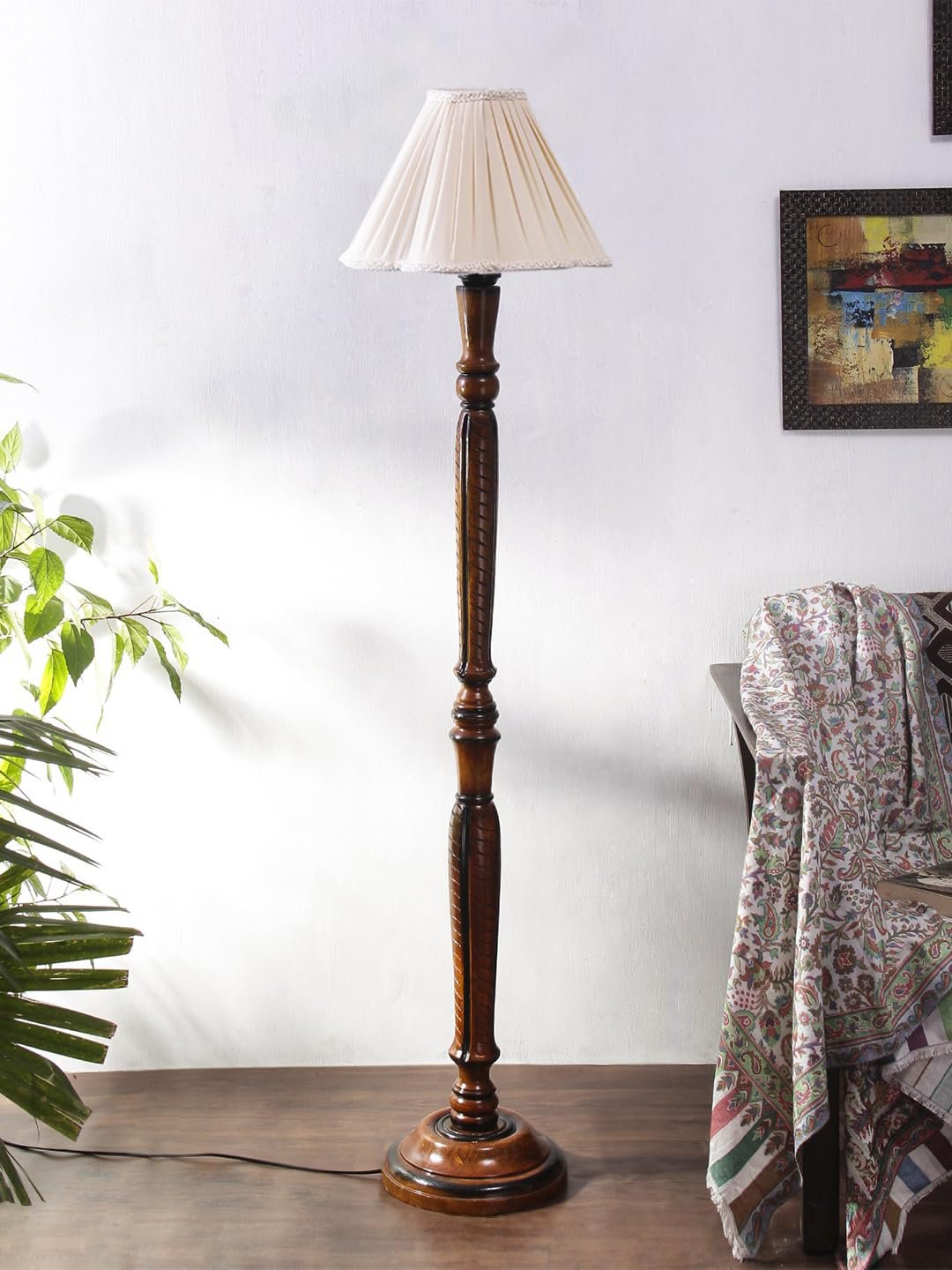 Vintage Cotton Shade Wood Floor Lamp -2
