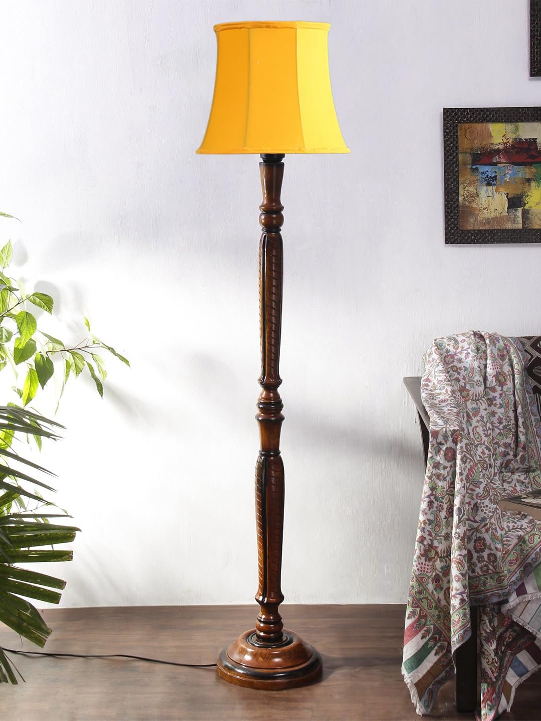 Yellow Cotton Wooden Floor Lamp -7