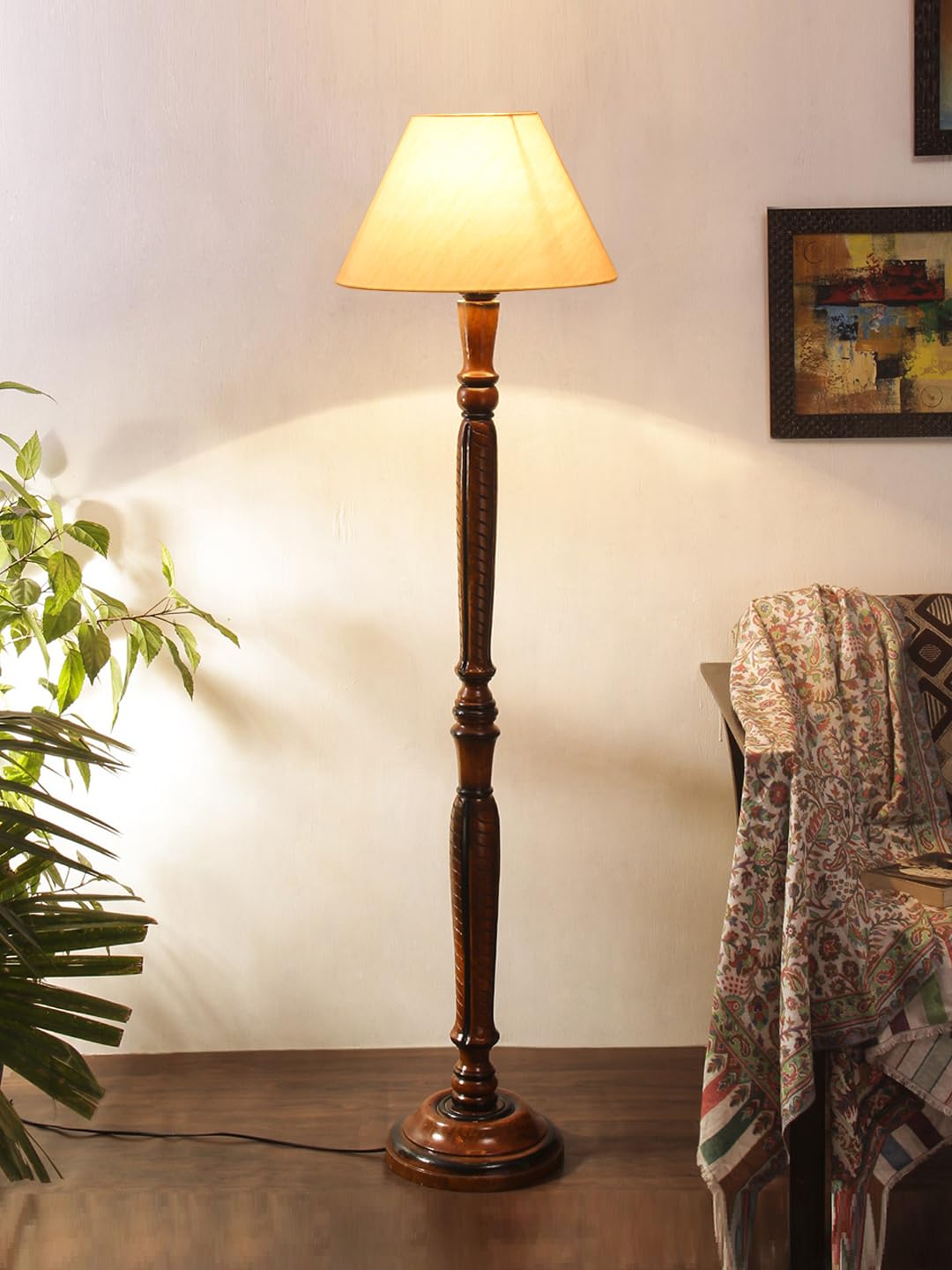 Off-White Cotton conical Wooden Floor lamp -16