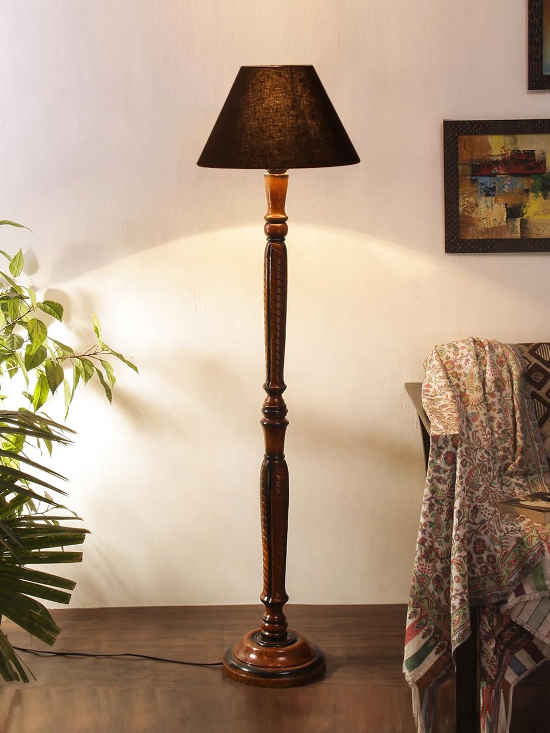 Black Cotton conical Wooden Floor lamp -17