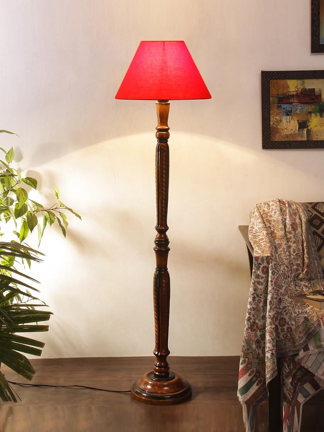 Red Cotton conical Wooden Floor lamp -18