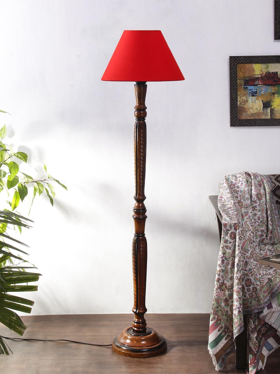 Red Cotton conical Wooden Floor lamp -18