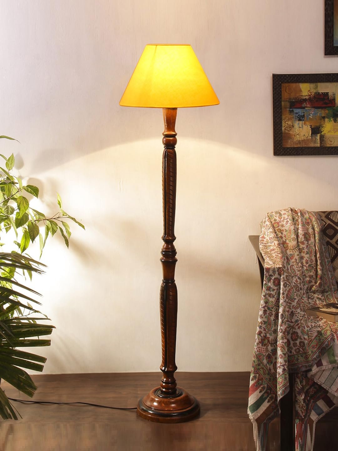 Yellow Cotton conical Wooden Floor lamp -20