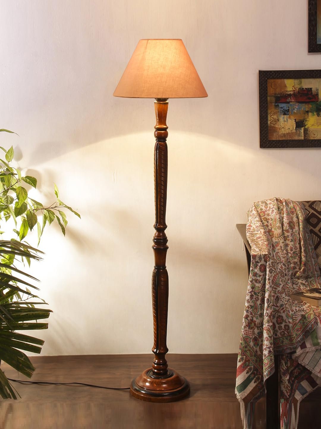 Grey Cotton conical Wooden Floor lamp -21