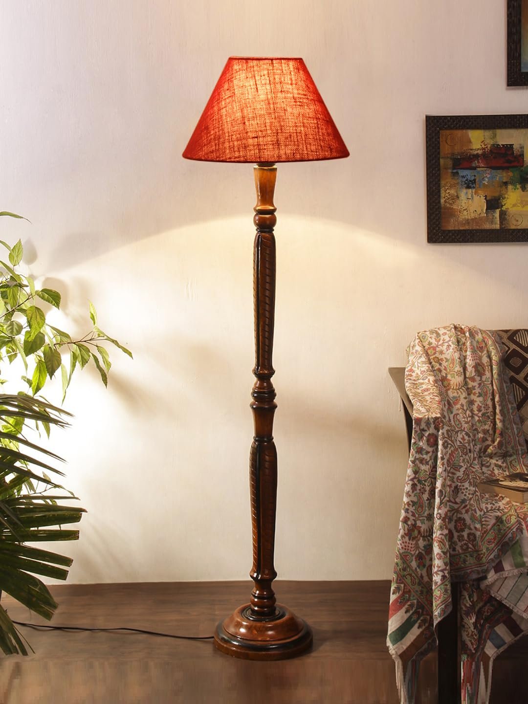 Maroon Jute Conical Wooden Floor lamp -26
