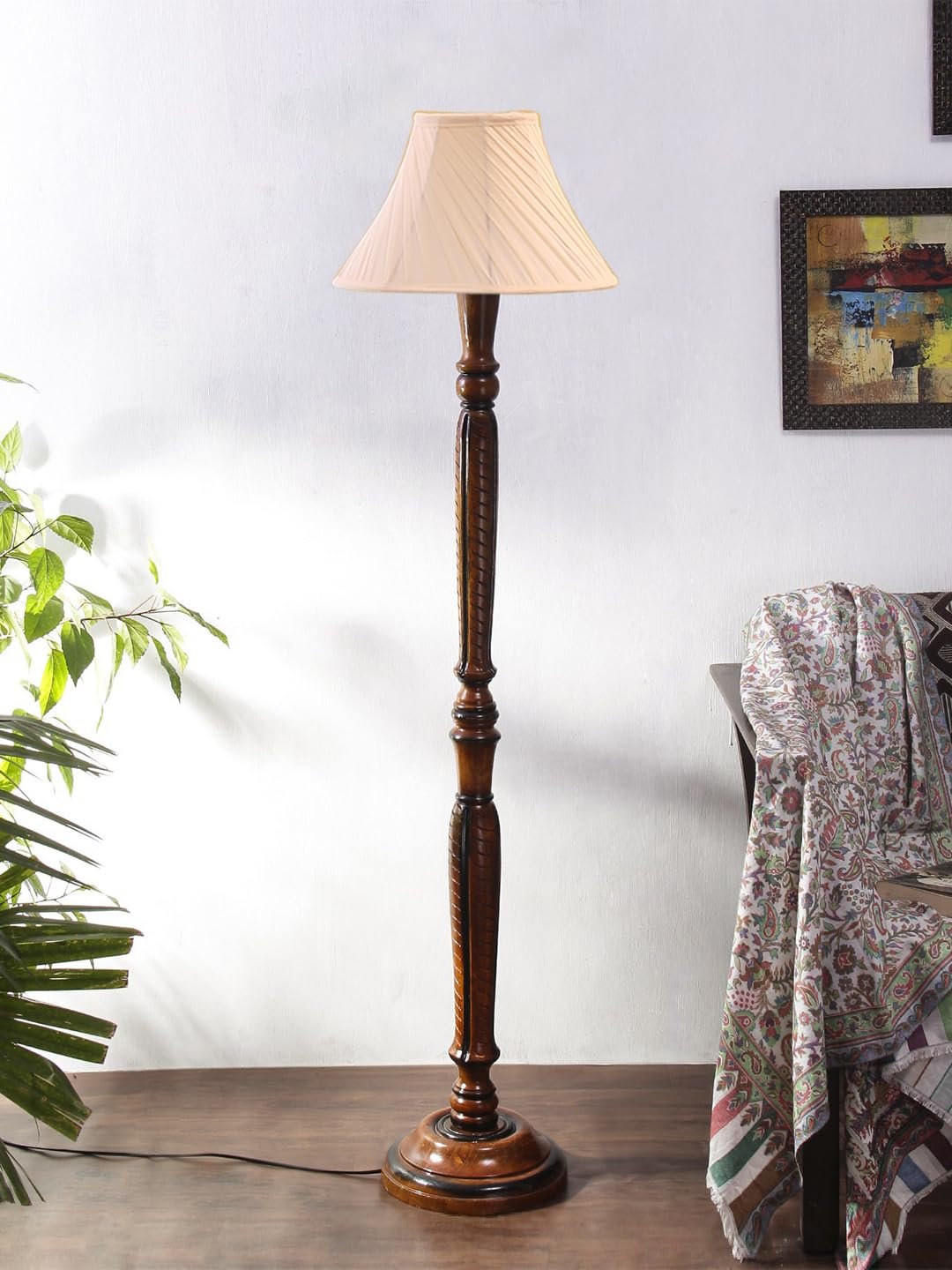 Cross Pleated Off-White Cotton Wooden Floor Lamp -32