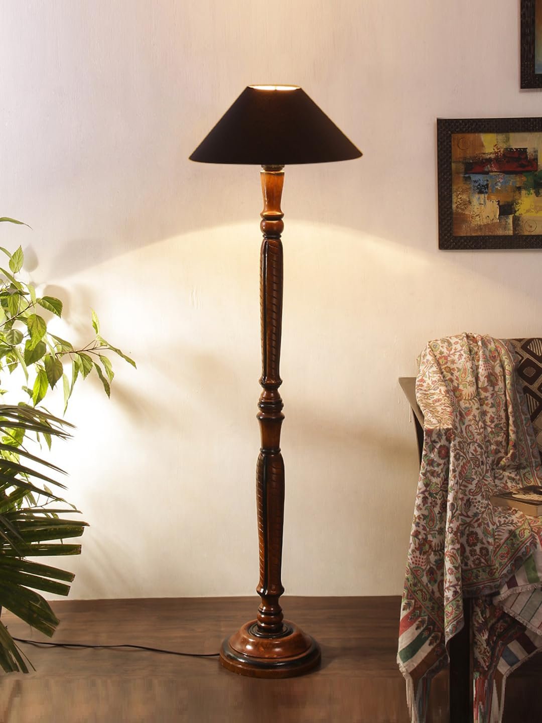 Black Coolie Cotton Wooden Floor lamp -34