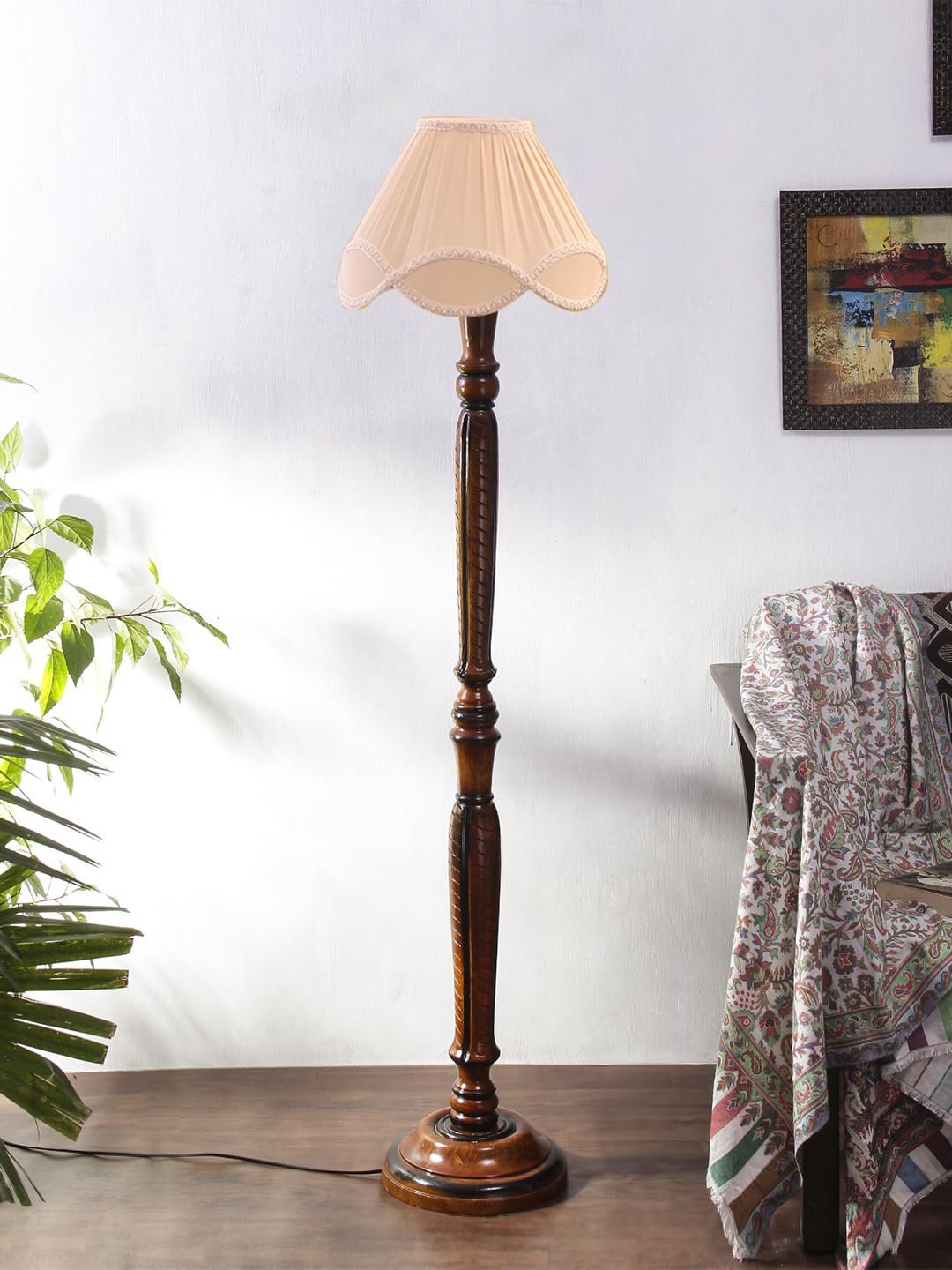 Vintage Off-White Cotton Wooden Floor Lamp -37