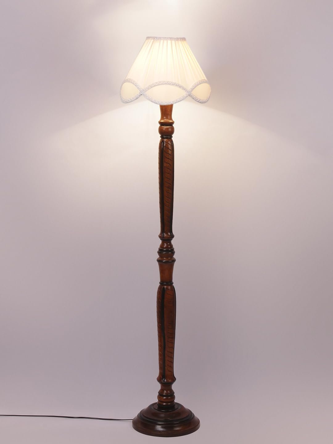 Vintage Off-White Cotton Wooden Floor Lamp -37