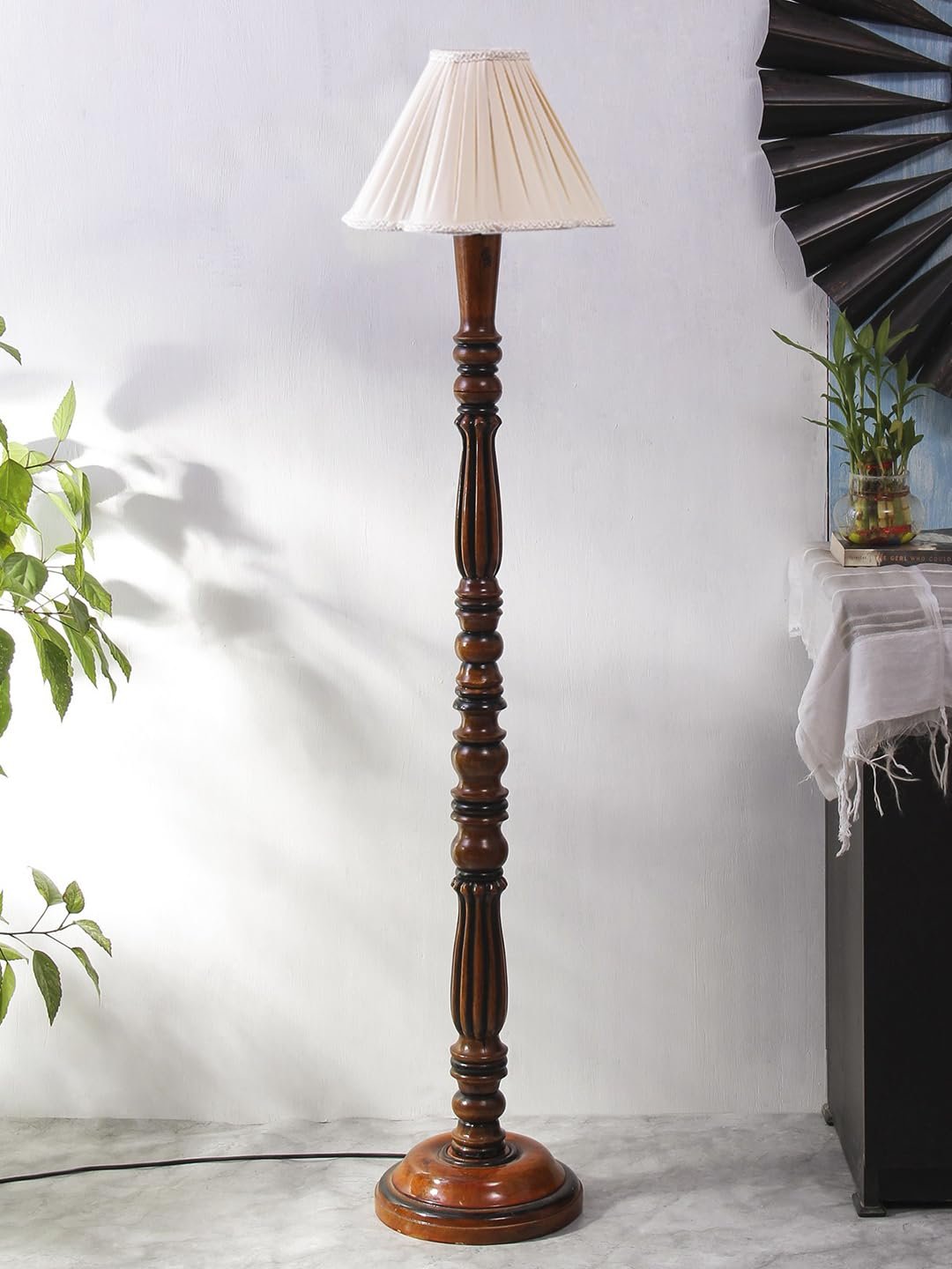 Vintage Cotton Shade Wood Floor Lamp -40