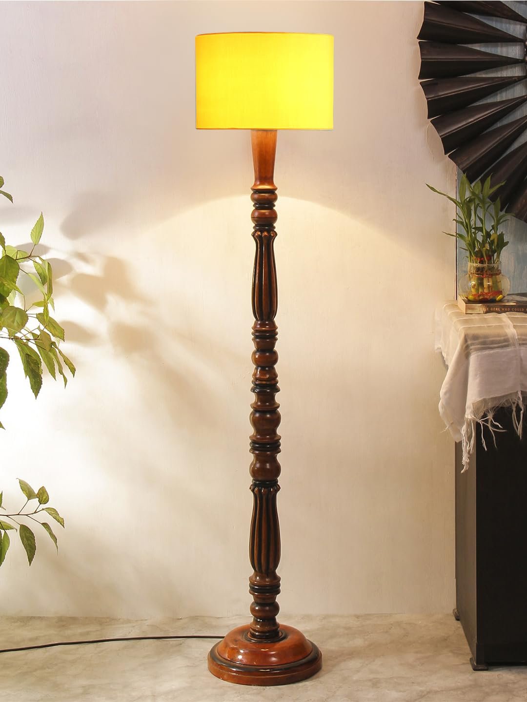 Yellow Cotton Wooden Floor Lamp -42