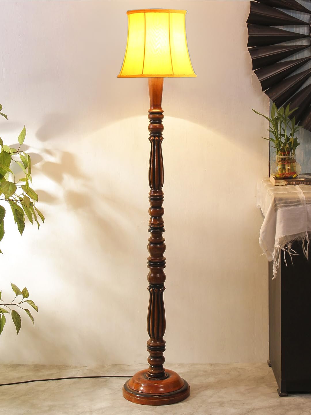 Yellow Cotton Wooden Floor Lamp -45