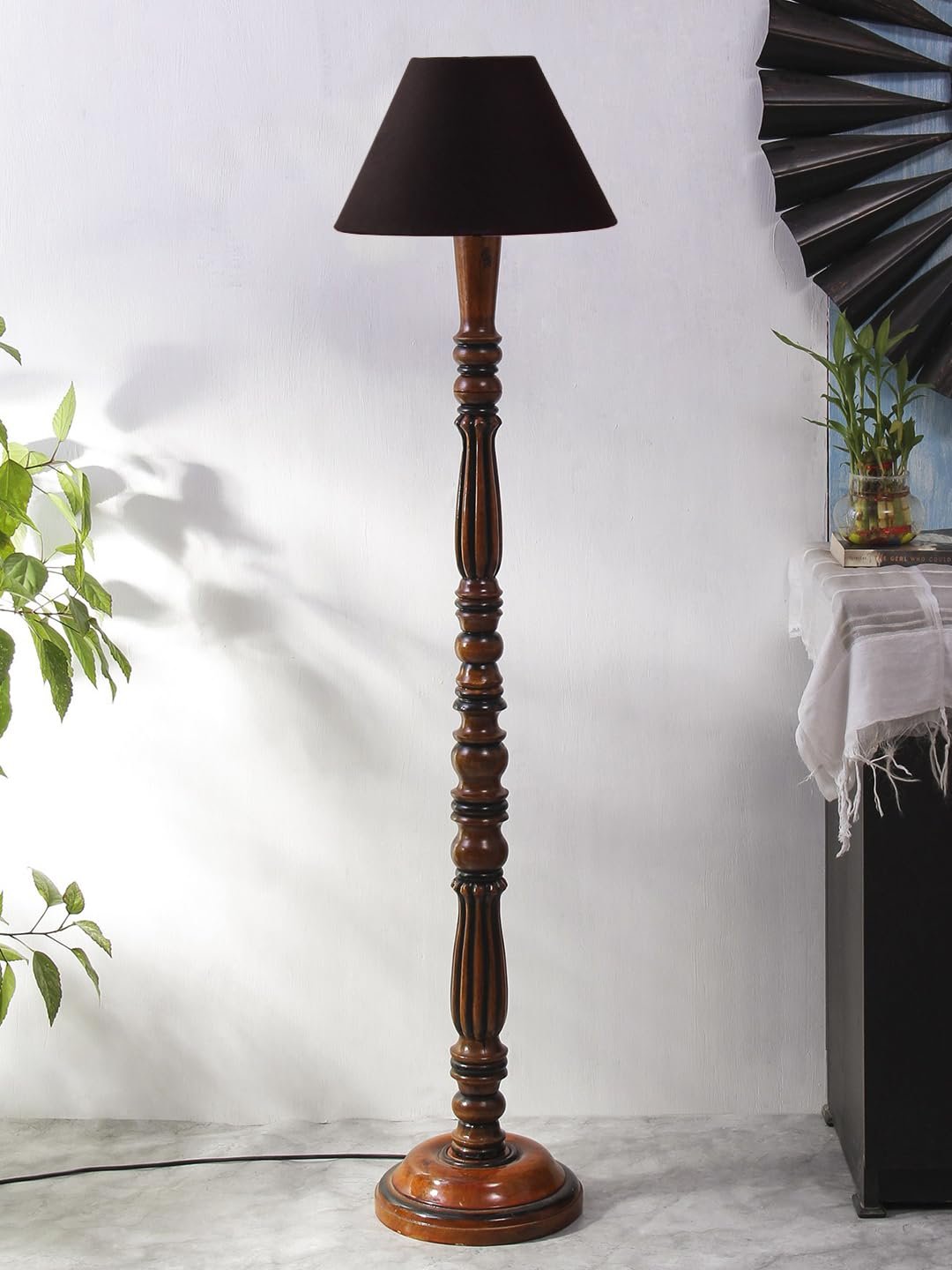 Black Cotton conical Wooden Floor lamp -55