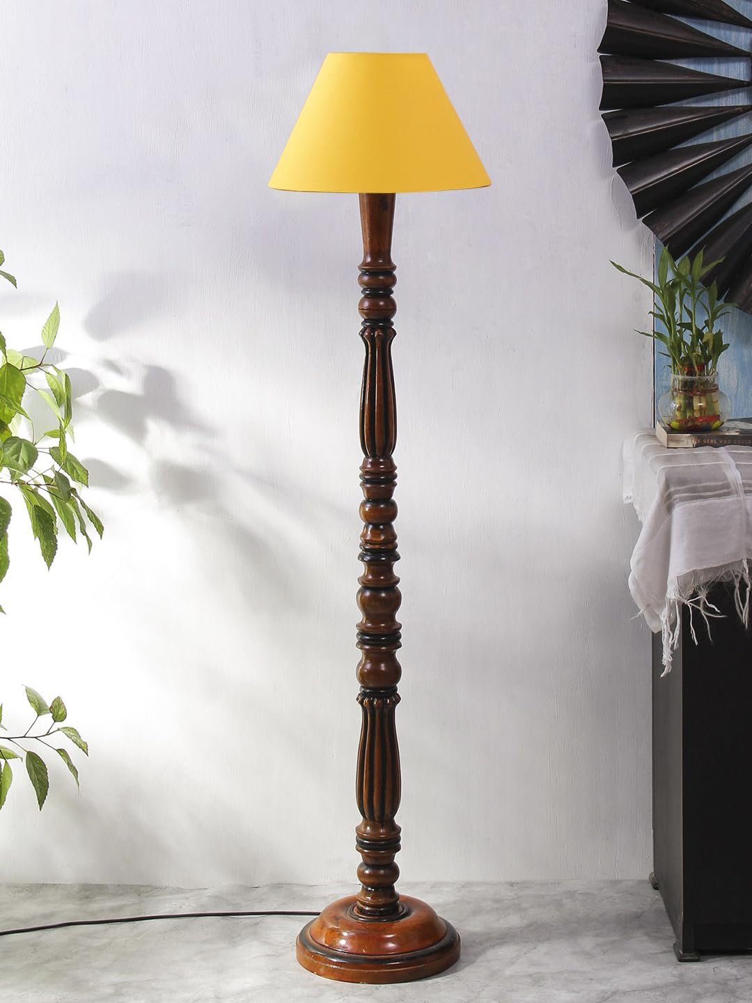 Yellow Cotton conical Wooden Floor lamp -58