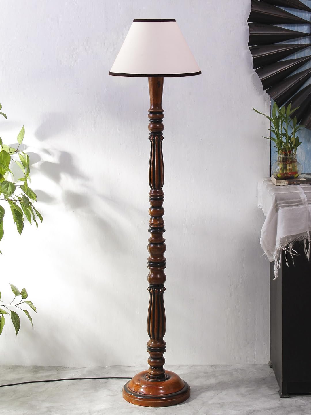 White & Black Cotton conical Wooden Floor lamp -60