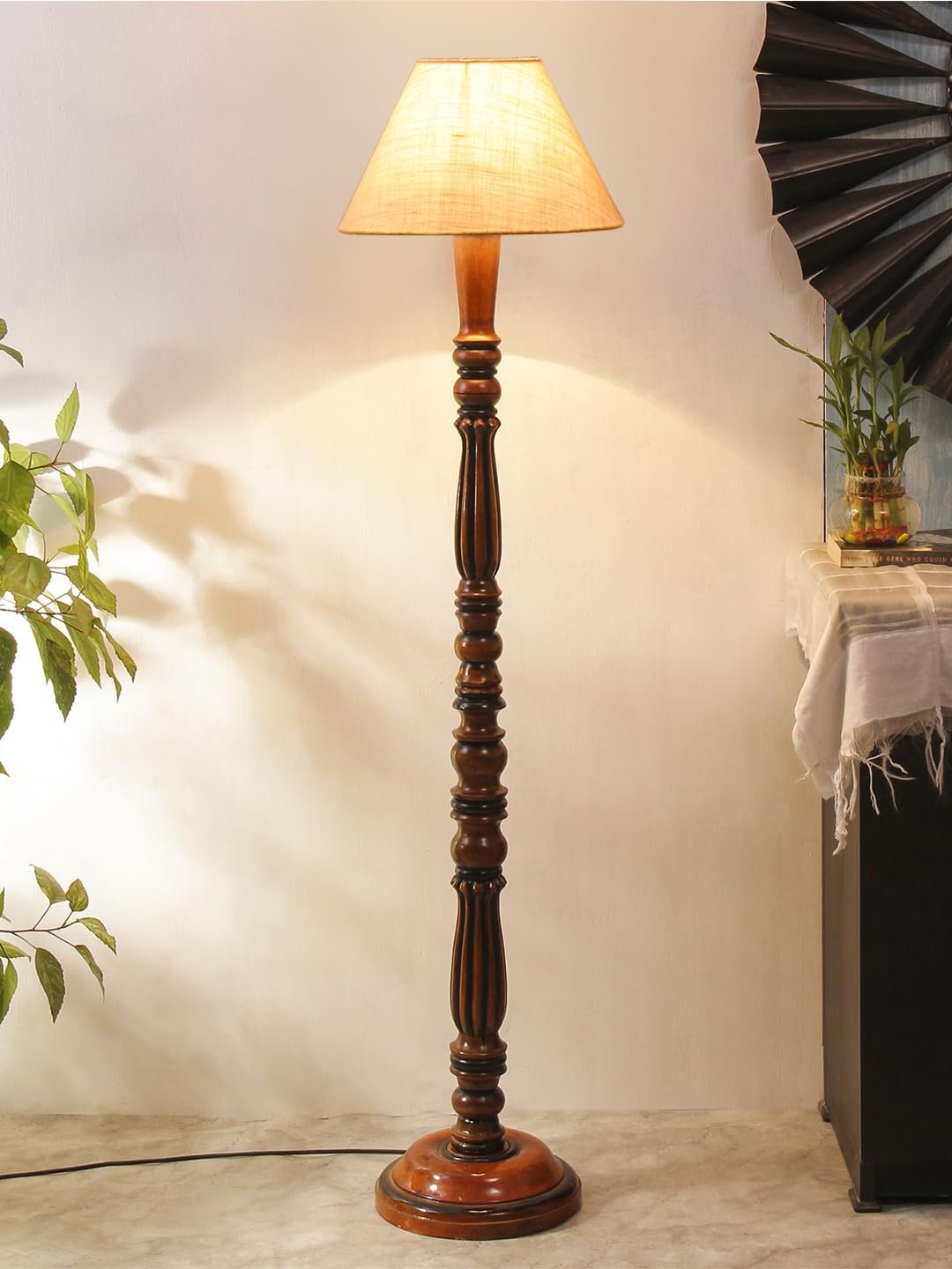 White Jute Conical Wooden Floor lamp -62