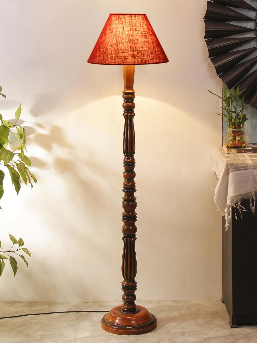 Maroon Jute Conical Wooden Floor lamp -64