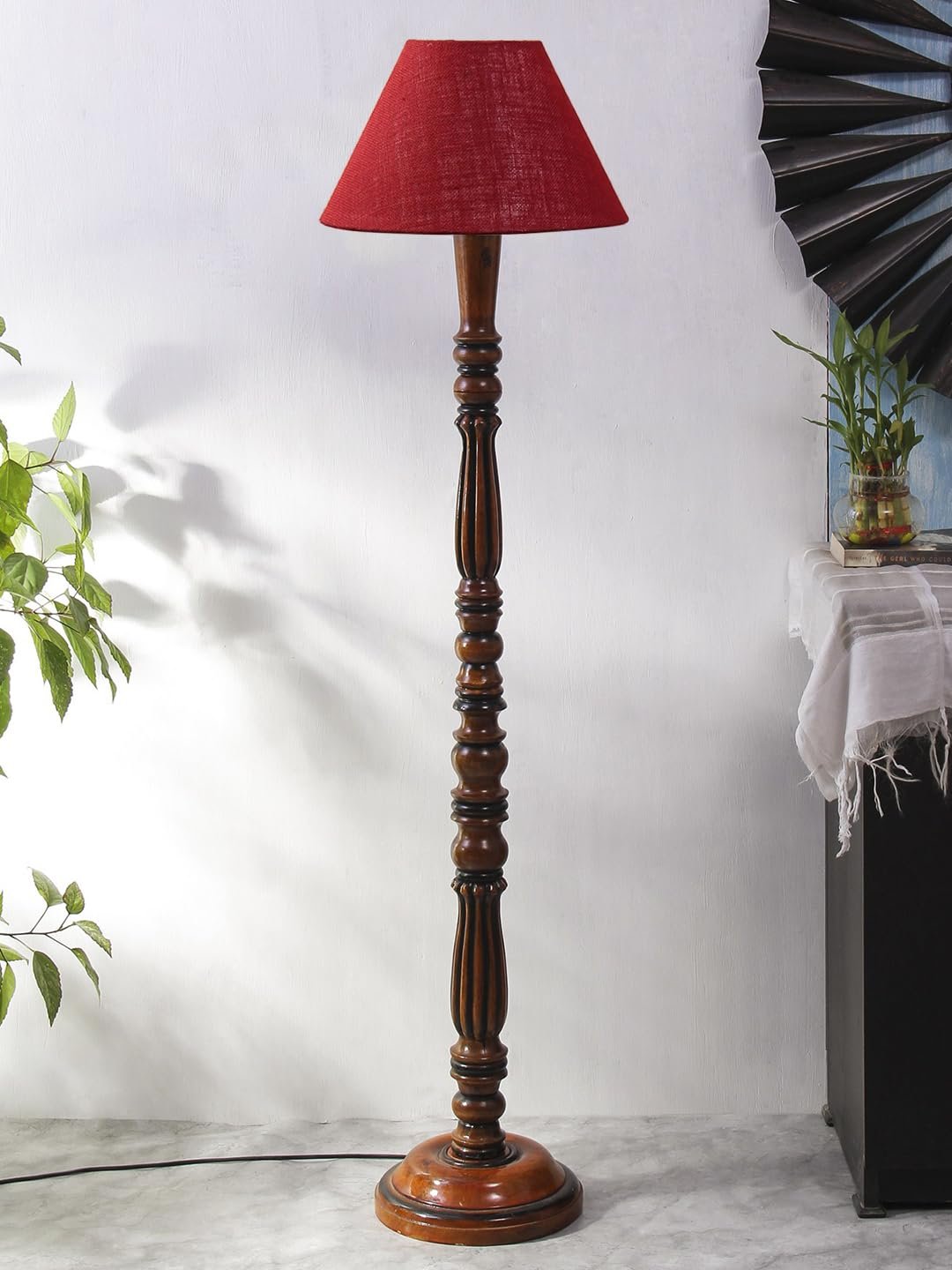 Maroon Jute Conical Wooden Floor lamp -64