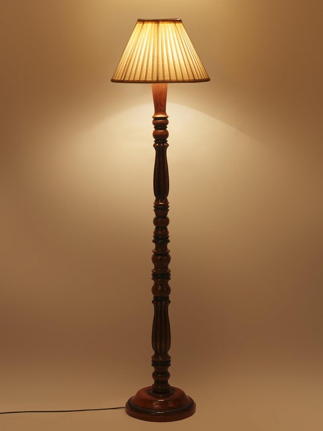 Straight Pleated Off-White Cotton Wooden Floor Lamp -69