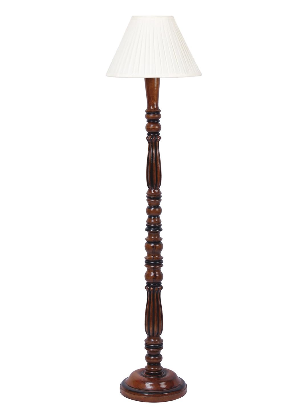 Straight Pleated Off-White Cotton Wooden Floor Lamp -69