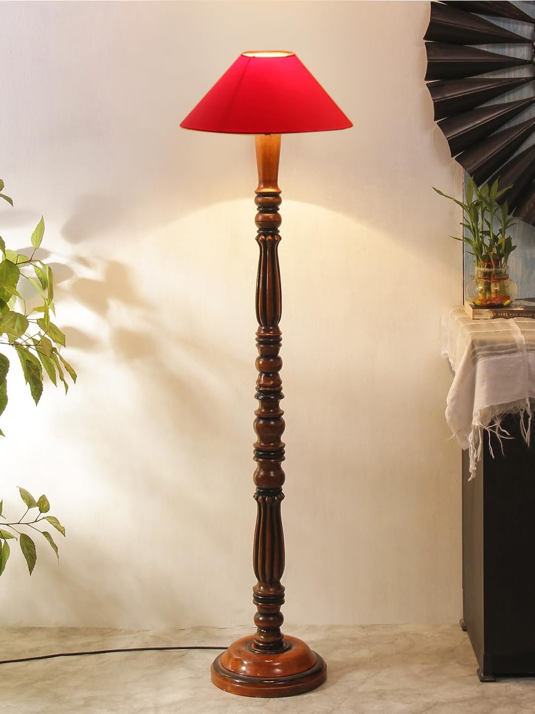 Red Coolie Cotton Wooden Floor lamp -73