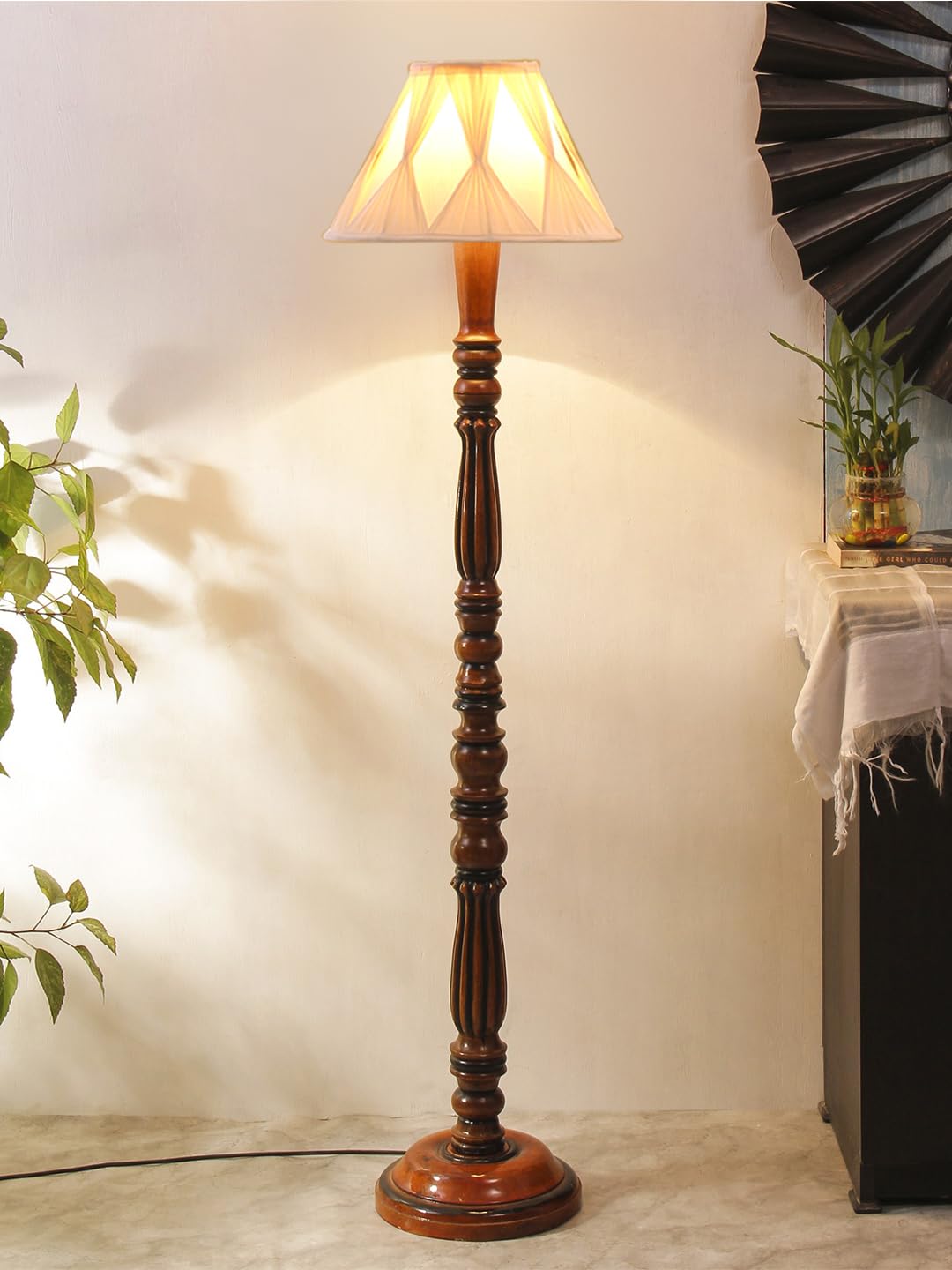 Curtain Pleated Off-White Cotton Wooden Floor Lamp -74