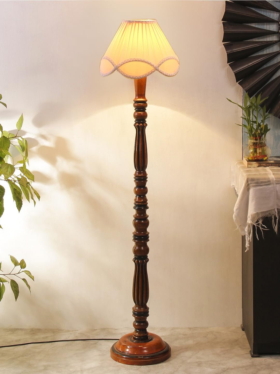 Vintage Off-White Cotton Wooden Floor Lamp -75
