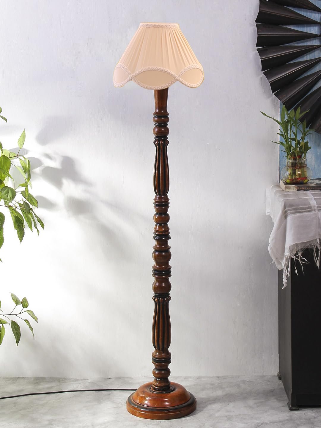 Vintage Off-White Cotton Wooden Floor Lamp -75