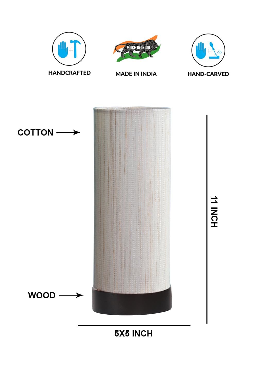 Off-White Cotton Table lamp Office/Home/Gifting with Wood Black Base (5x5x11) Inches -Off-White