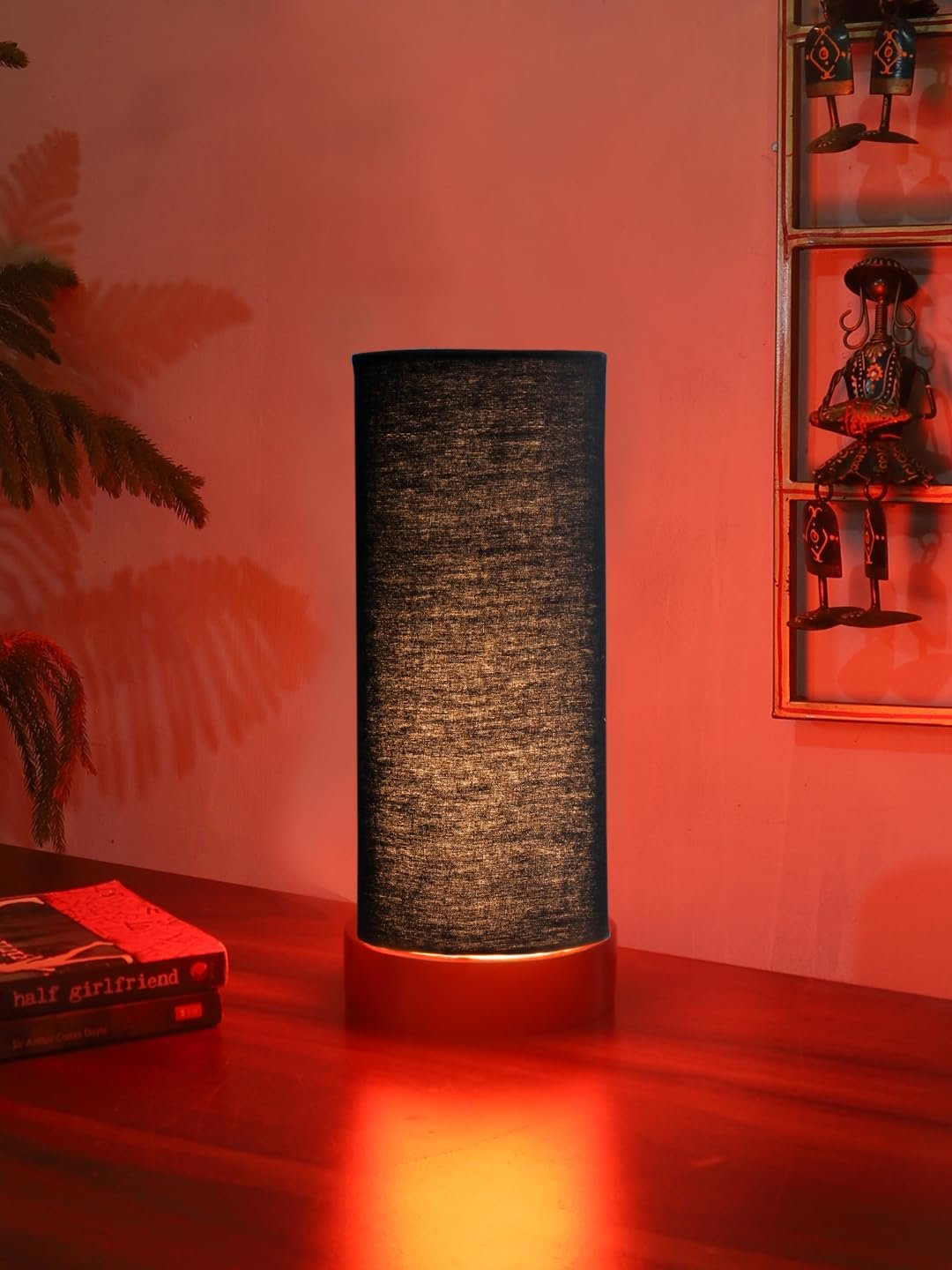 Black Cotton Table lamp Office/Home/Gifting with Wood Black Base (5x5x11) Inches -Black