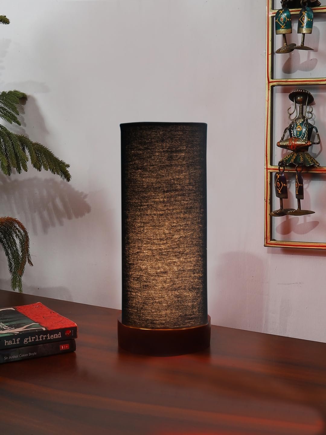 Black Cotton Table lamp Office/Home/Gifting with Wood Black Base (5x5x11) Inches -Black