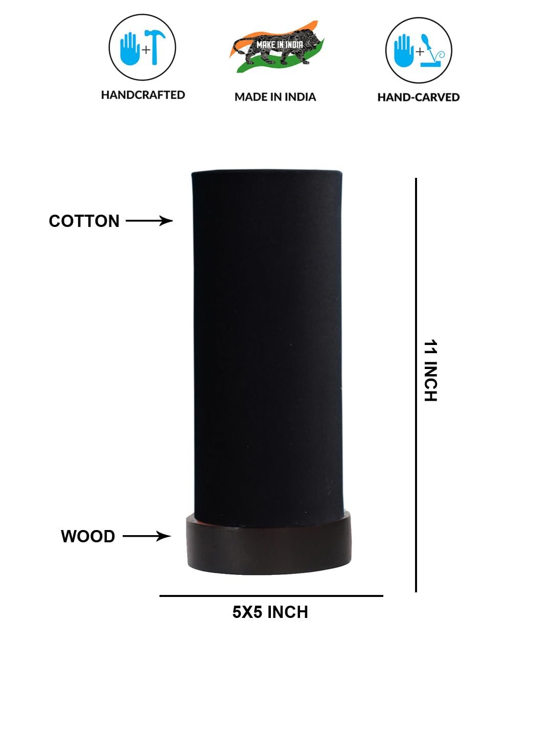 Black Cotton Table lamp Office/Home/Gifting with Wood Black Base (5x5x11) Inches -Black