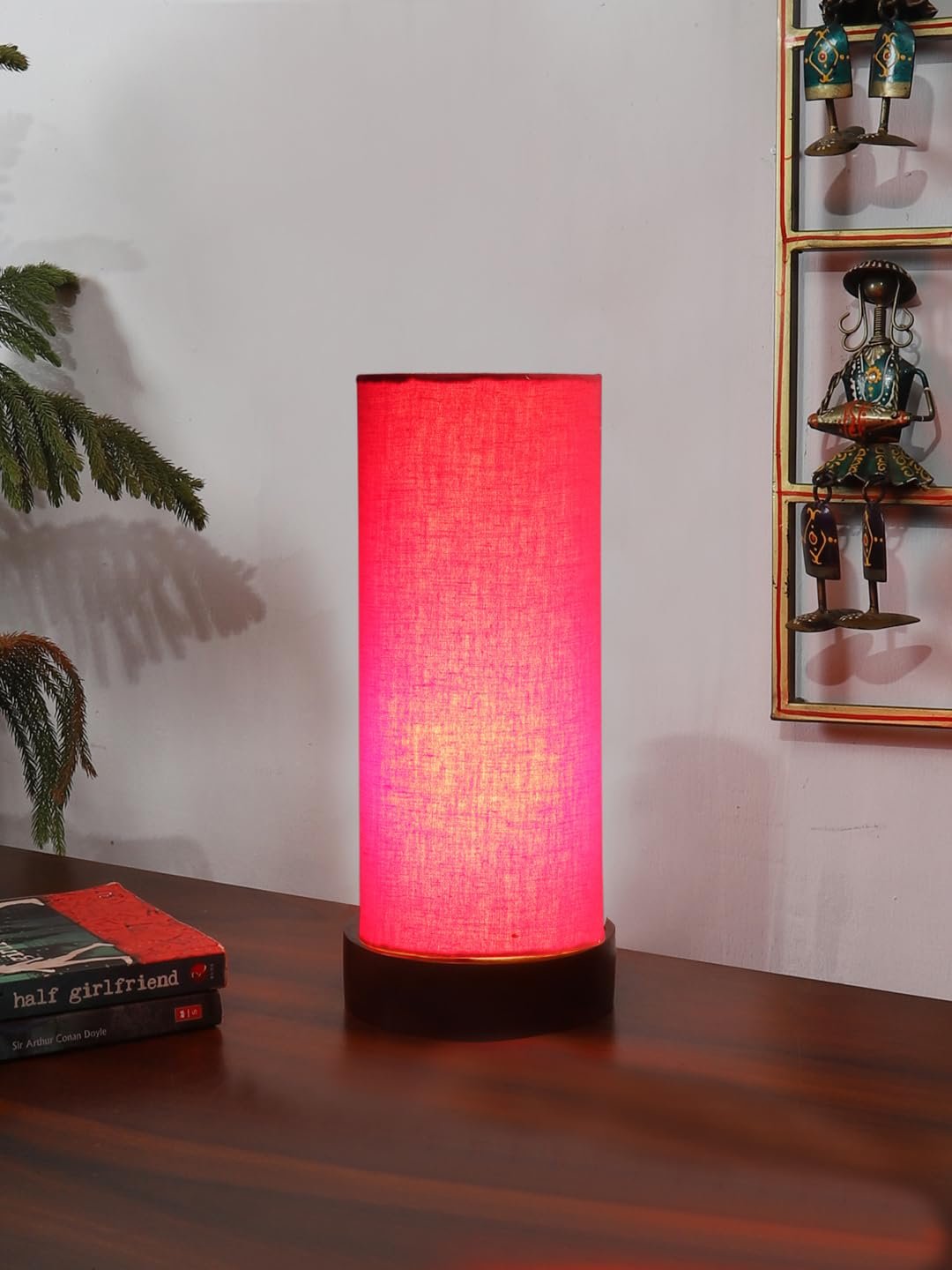 Red Cotton Table lamp Office/Home/Gifting with Wood Black Base (5x5x11) Inches -Red