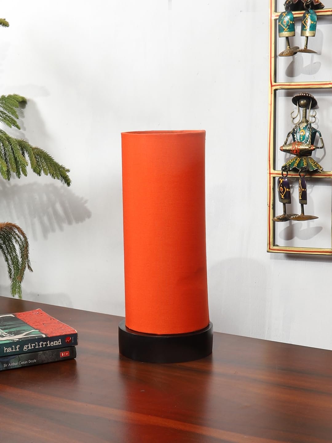 Orange Cotton Table lamp Office/Home/Gifting with Wood Black Base (5x5x11) Inches -Orange