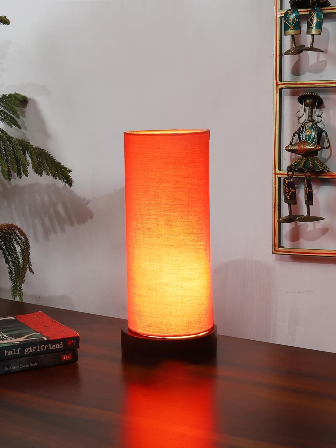 Orange Cotton Table lamp Office/Home/Gifting with Wood Black Base (5x5x11) Inches -Orange