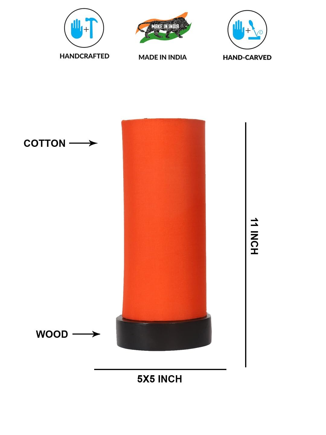 Orange Cotton Table lamp Office/Home/Gifting with Wood Black Base (5x5x11) Inches -Orange