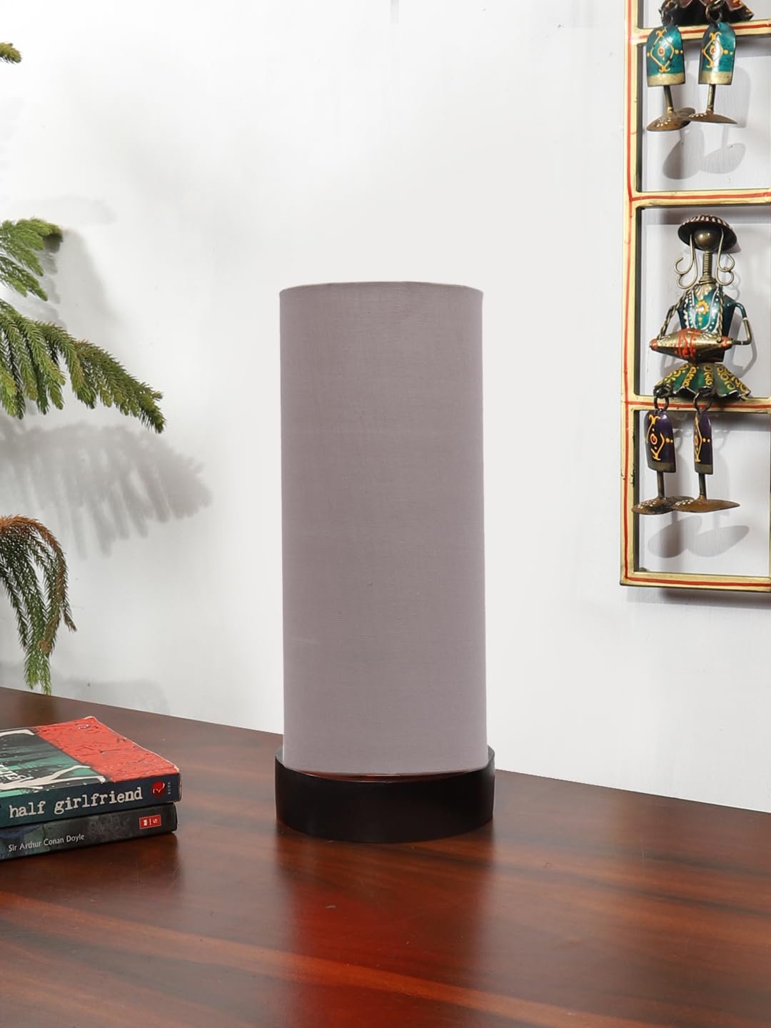 Grey Cotton Table lamp Office/Home/Gifting with Wood Black Base (5x5x11) Inches -Grey