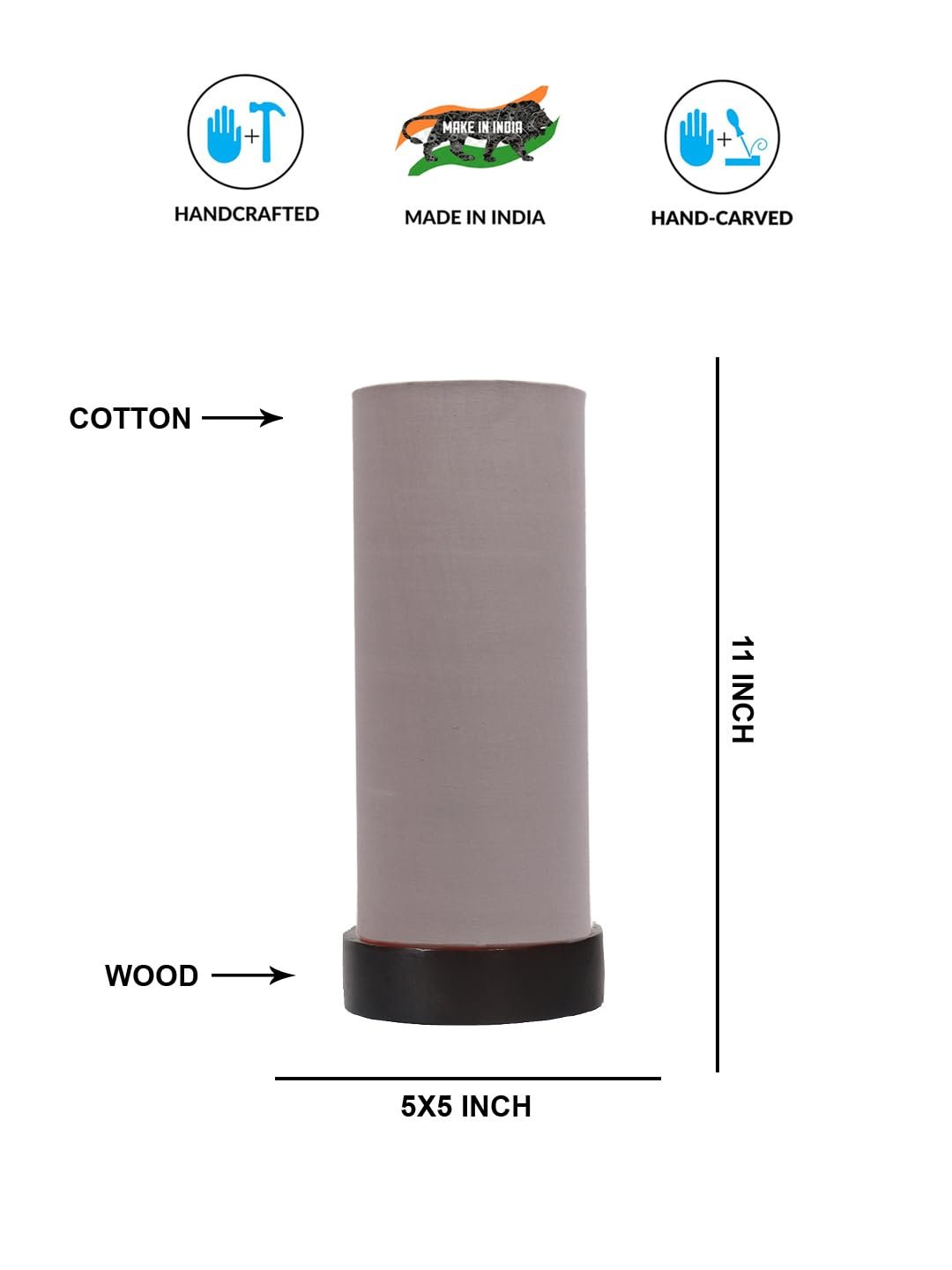 Grey Cotton Table lamp Office/Home/Gifting with Wood Black Base (5x5x11) Inches -Grey